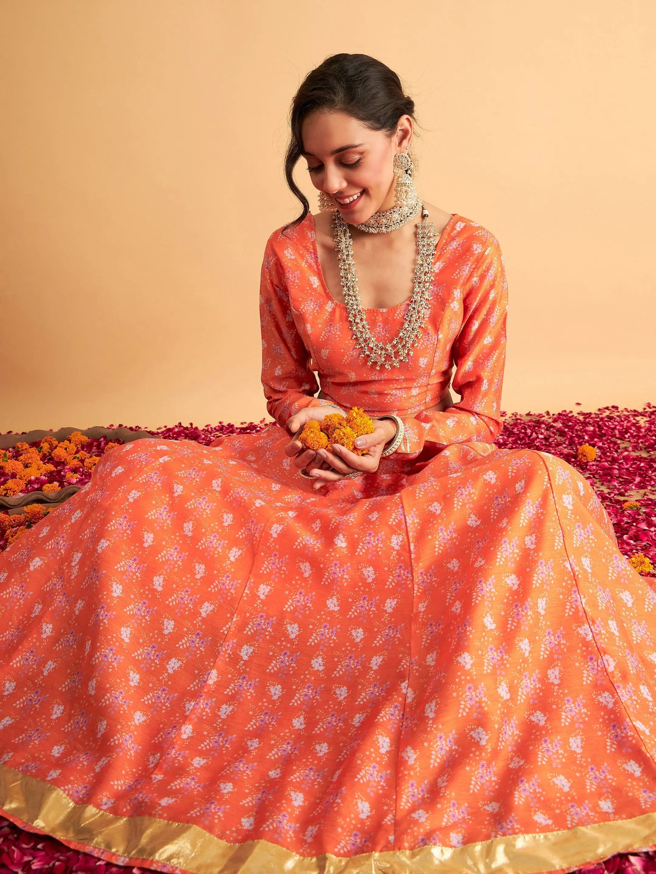 Women's Clothing Women Orange Floral Anarkali Side Pocket Skirt With Crop Top