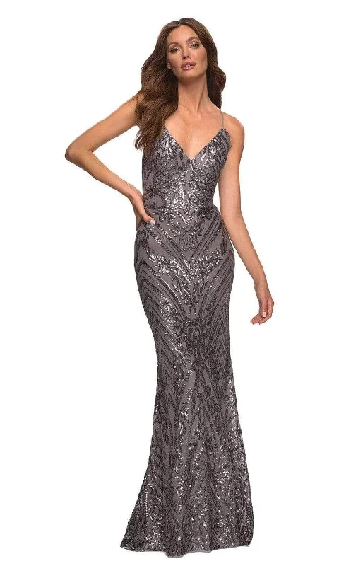 Women's Formal Event Outfit La Femme - Strappy Back Sequin Prom Gown 30496SC - 1 pc Gunmetal In Size 2 Available