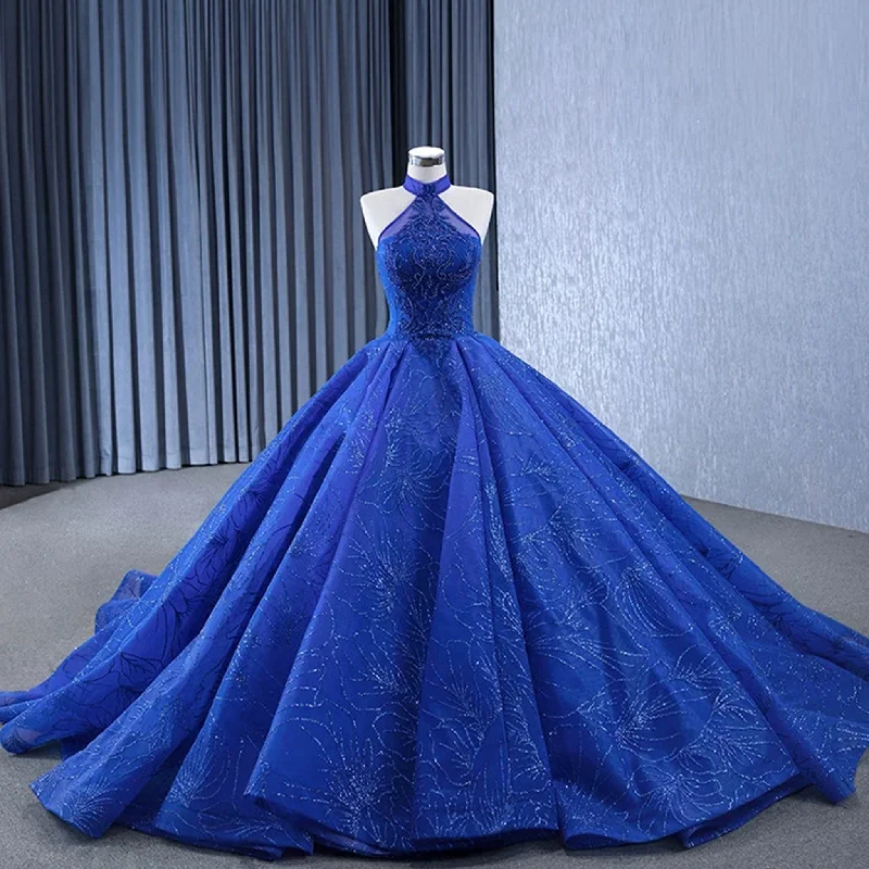 Chic Women's Attire Royal Blue Beaded Lace Wedding Gown Halter Neck Quinceanera Dress