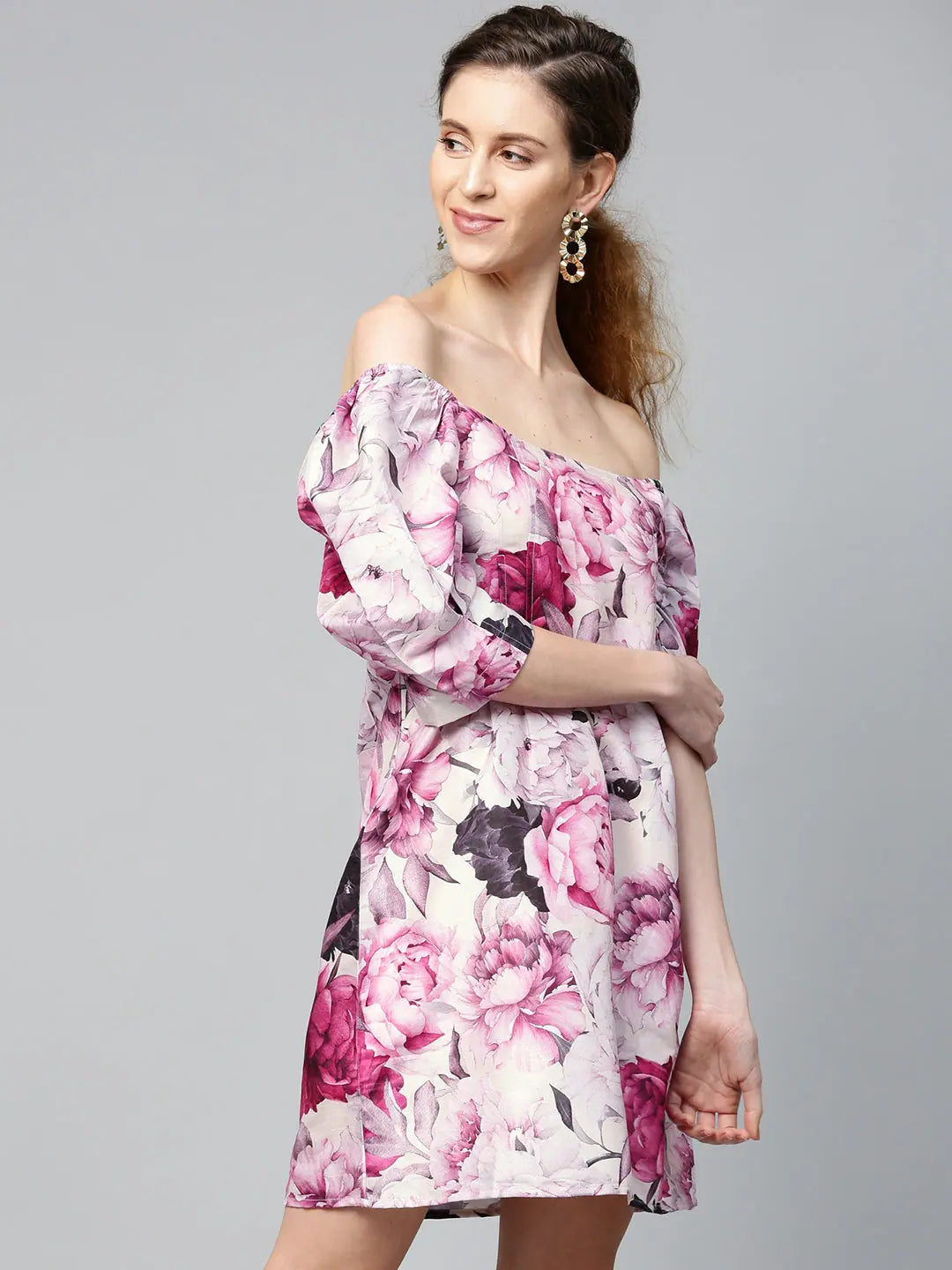 Affordable Women's Clothing Pink Floral Puff Sleeve Shift Dress