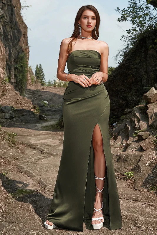 Women's Romantic Outfit Olive colored front slit strapless long wedding party dress