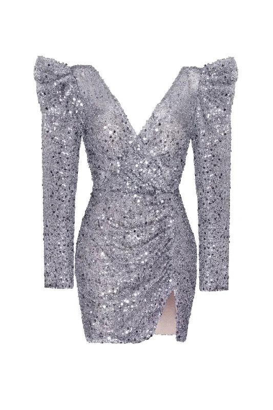 Women's Stylish Professional Garments Silver metallic long-sleeve sequined mini dress