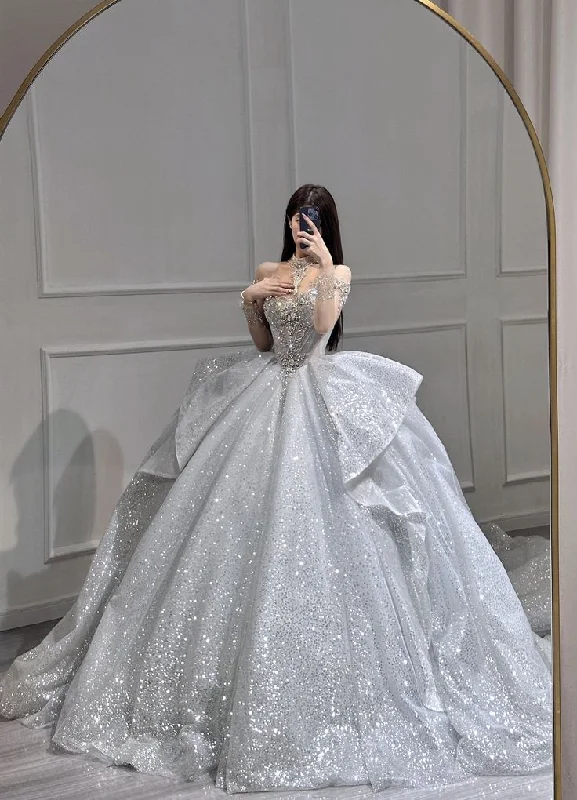 Women's Vacation Clothes Silver Gorgeous Luxury Shiny Sequins Rhinestone Beaded Ruffle Fluffy Tulle Long Ball Gown Evening Dress Wedding Dress gh3135