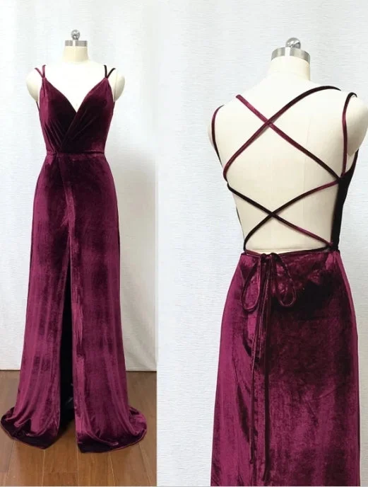 Women's Outerwear Garments Hot Sheath Velvet Prom Dresses Burgundy Wedding Guest Dress with Split