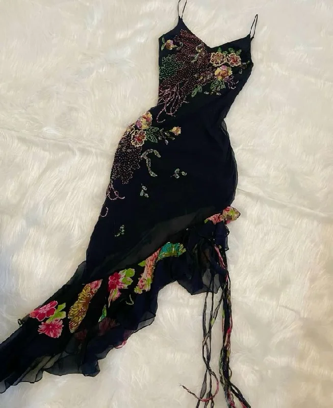 Women's Outerwear Apparel Black gorgeous exquisite colorful floral beading long ruffled chiffon evening dress party dress prom dress gh3215