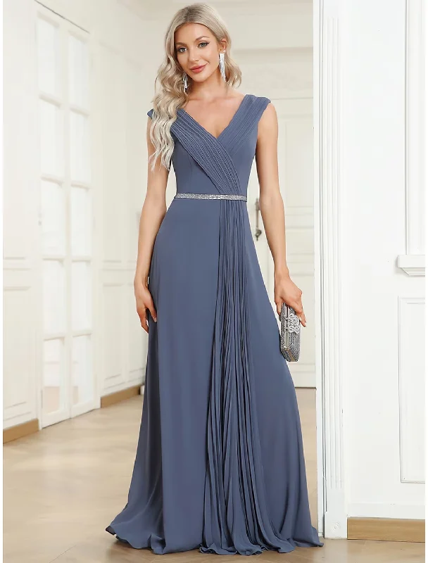 Women's Cozy Outfit For Lounging A-Line Wedding Guest Dresses Minimalist Dress Formal Floor Length Sleeveless V Neck Chiffon with Pleats