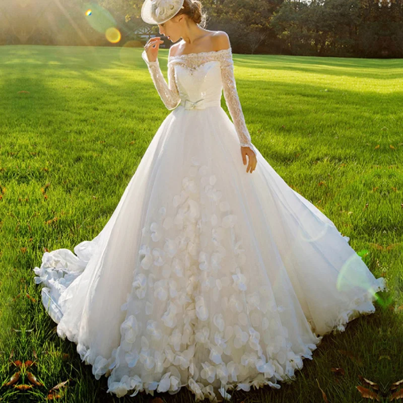 Women's Vacation Garments Off the Shoulder Long Sleeve Ball Gown Wedding Dress