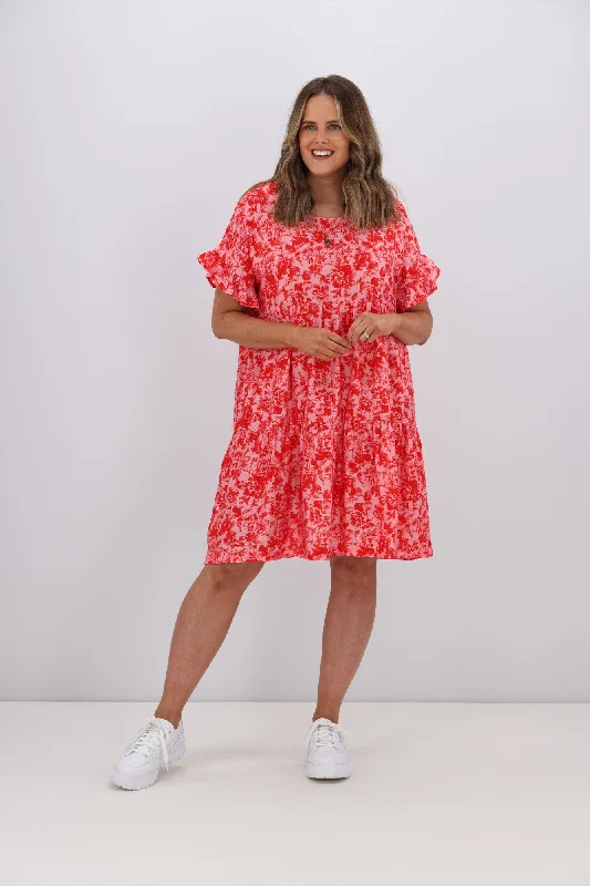 Chic Women's Outfit Gloss by Shine On Bramley Frill Sleeve Dress Pink Red Floral