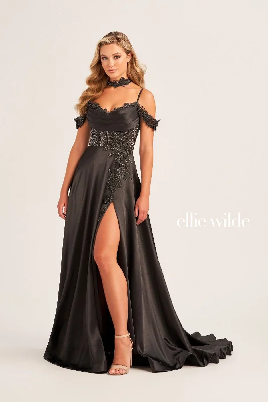 Women's Comfy Loungewear Outfit Ellie Wilde EW35029 Long Formal Beaded Applique Prom Gown