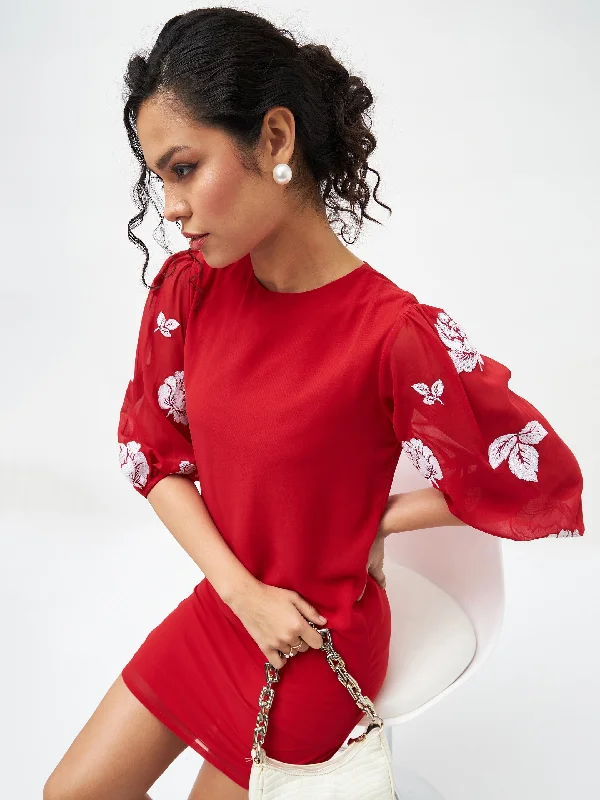 Women's Casual Outfit Women Red Floral Embroidered Puff Sleeves Dress