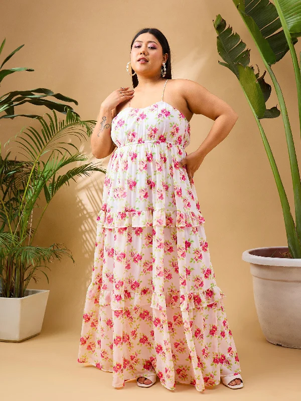 Women's Charming Outfit For Events Women White & Pink Floral Strappy Maxi Dress