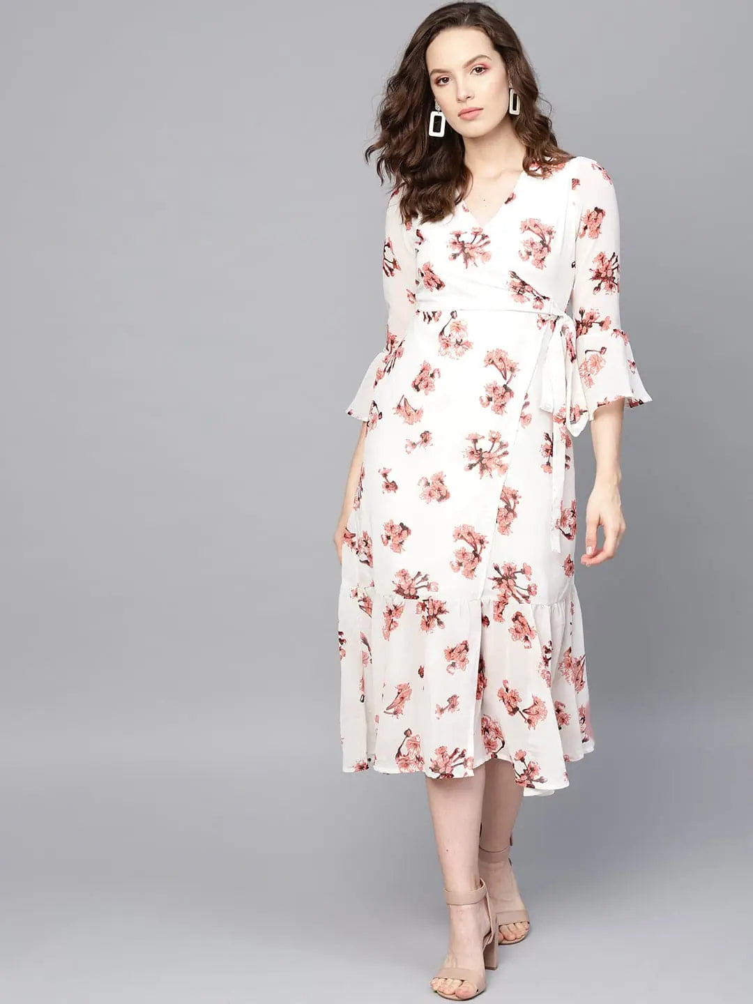 Women's Fashionable Clothing Sets White Floral Wrap Tie Dress