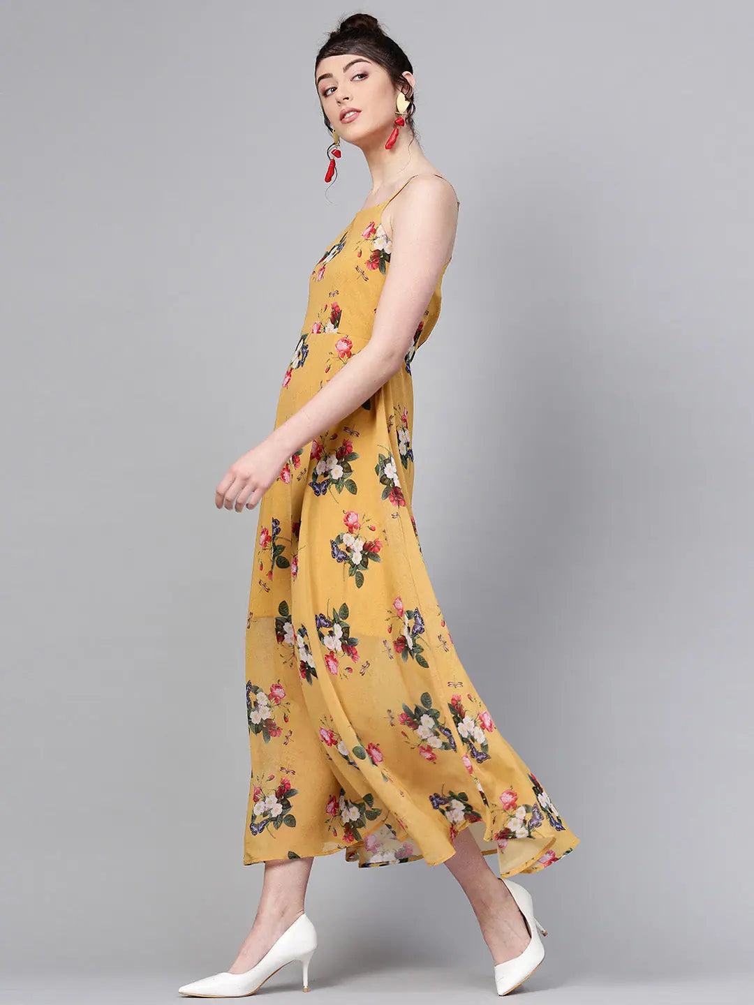 Women's Cozy Clothes Mustard Floral Strappy Flared Maxi