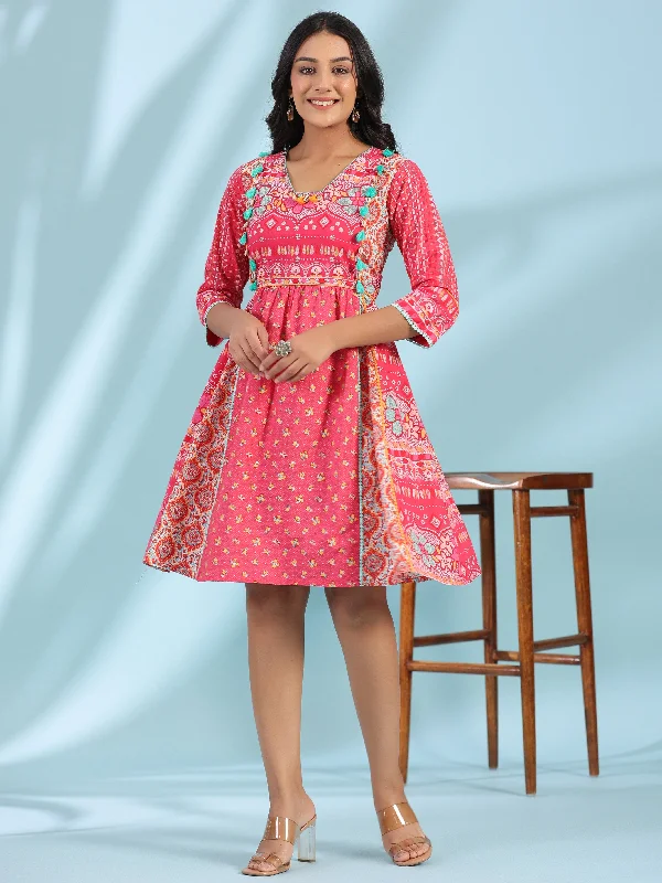 Women's Occasion Wear Clothing Juniper Pink Pure Cotton Floral Printed Panelled Short Dress With Contrasting Tassels & Beadwork