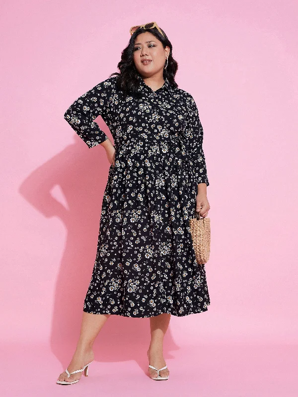 Sustainable Fashion Clothing For Women Women Black Floral Belted Midi Shirt Dress