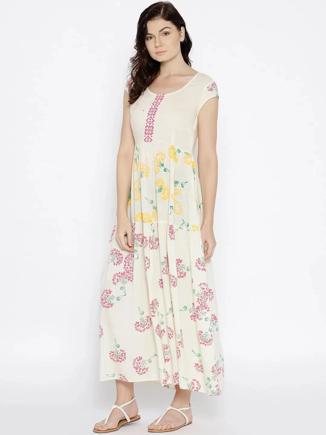 Vintage-Inspired Garments Double color floral printed maxi dress in off white