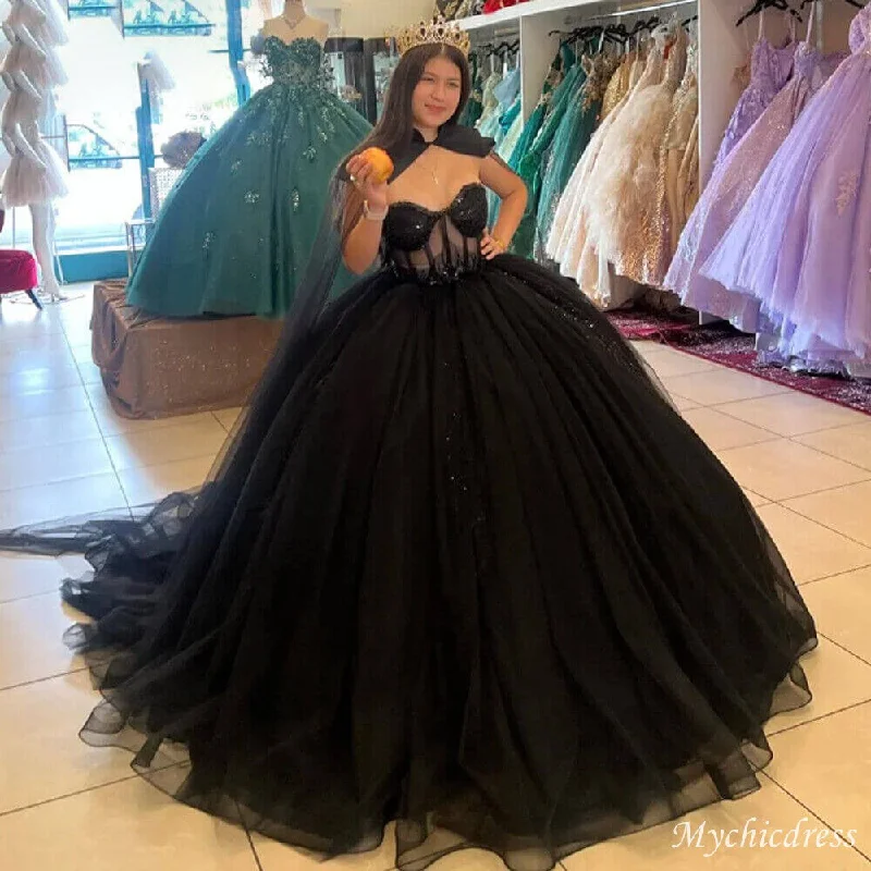 Women's Athletic Garments 2025 Black Tulle Ball Gown Quince 15 Dresses Sweetheart Wedding Gown with Cape