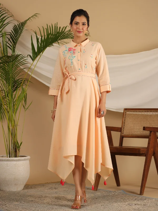 Charming Everyday Clothing For Women Juniper Peach Fit & Flare Belted Asymmetrical Maxi Dress With Floral Thread Embroidery