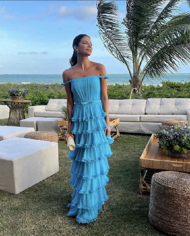 Women's High-Fashion Clothes Blue Fashion Elegant Off Shoulder A-line Tiered Long Chiffon Ball Gown Evening Dress Wedding Guest Dress Party Dress gh3075