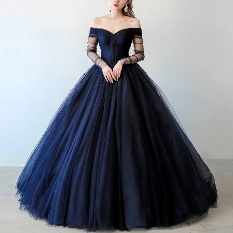 Women's Garments Womens Navy Blue Dresses for Wedding with Off Shoulder Long Sleeves