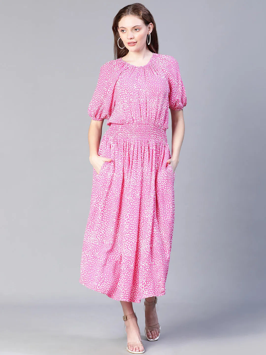 Charming Women's Garments Women Pink Floral Print Round Neck Long Maxi Dress-S23123WDR001