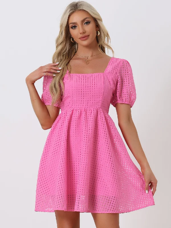 Women's Casual Wear Clothing Short Puff Sleeve Square Neck Flowy Swing A-Line Party Mini Dress