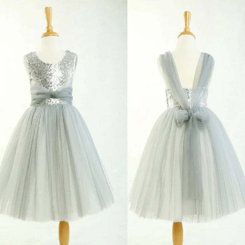 Women's Sporty Chic Clothes Round Neck Silver Sequin Tulle Pretty Little Girl Dresses For Wedding Party, Flower Girl Dresses, FG003