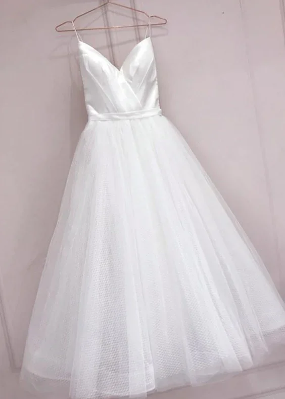 Women's Work Outfit Simple White Tulle With Satin V-Neckline Tea Length Wedding Dress, Simple White Party Dress gh246