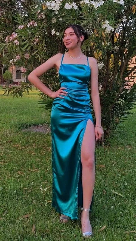 Women's Everyday Garments Simple Emerald Prom Dresses Green Classic Long Wedding Guest Dress Hight Split