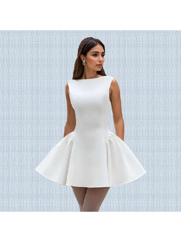 Vintage-Inspired Women's Clothes Plain Boat Neck Backless A-line Mini Dress