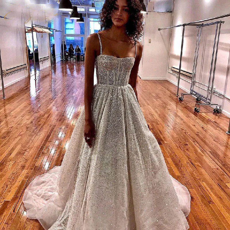 Casual Chic Clothing For Women Glitter Wedding Dress A Line Shiny Tulle Straps Beaded Long Tail Bride Gowns  gh934