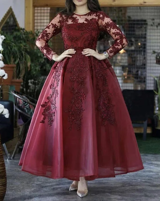 Women's Plus-Size Garments Long Sleeves Burgundy Wedding Guest Dress 2025 Short Ankle Length Prom Dress Lace