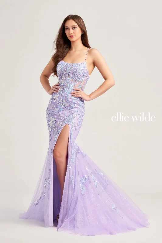 Women's Outdoor Attire Ellie Wilde EW35057 Long Formal Beaded Applique Prom Gown