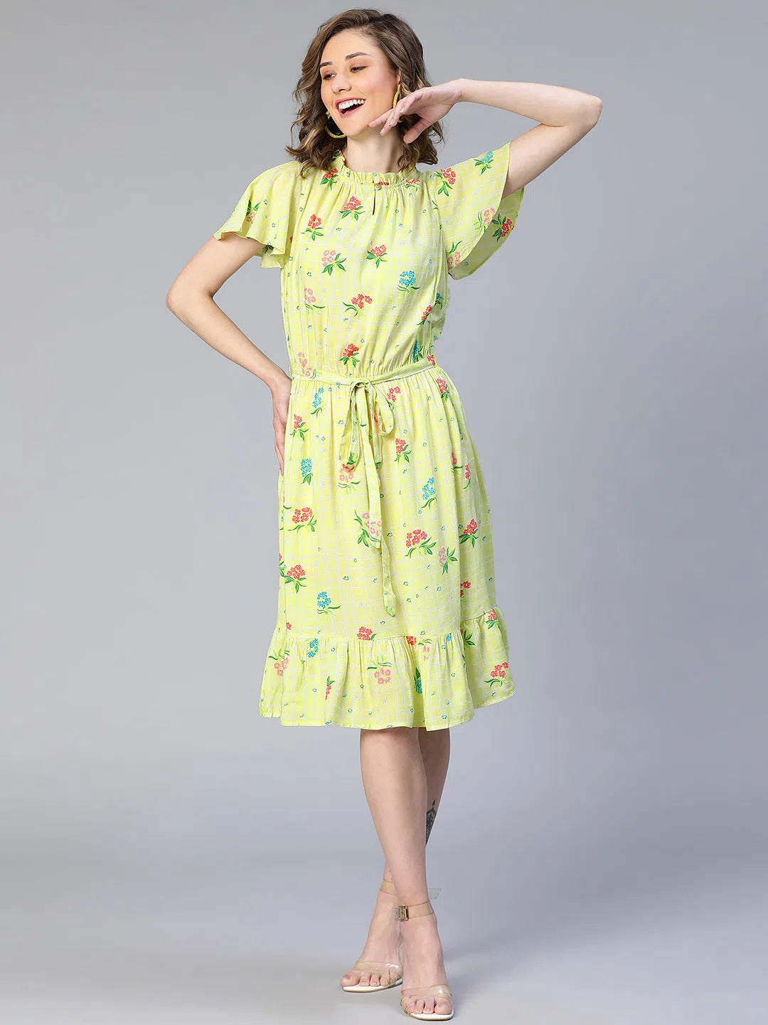 Stylish Women's Apparel Women Lime Floral Print Tie-Knot Viscose Belted Dress-S23035WDR002