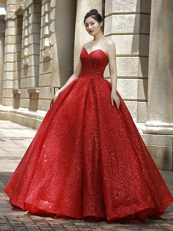 Women's Formal Event Attire Strapless Sweetheart A-line Sequins Long Prom Dresses, Red Color Popular Bridal Gowns, Wedding Dresses