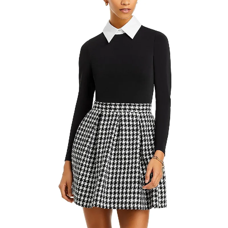 Women's Evening Clothes Alice and Olivia Womens Chara Houndstooth Pleated Mini Dress