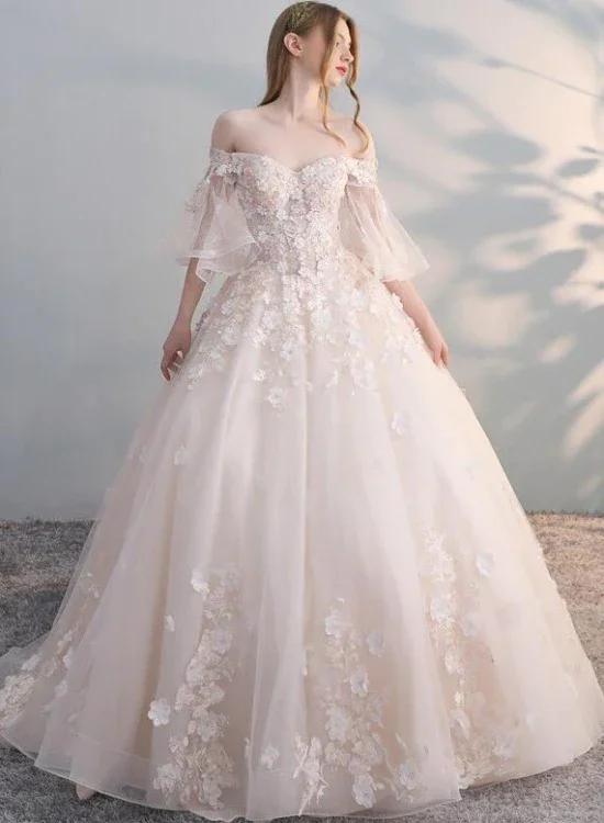 Women's Clothing For Special Occasions Charming Flowers Lace Off Shoulder Ball Gown Wedding Party Dress, Tulle Long Prom Dress gh2128