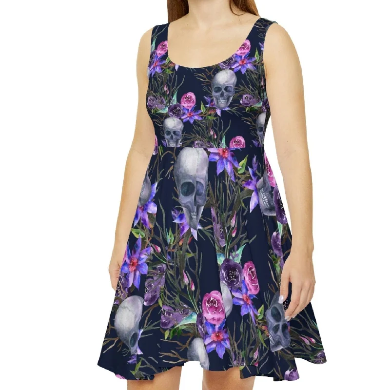 Women's Night-Out Clothes Women's Purple Skull Floral Print Skater Dress