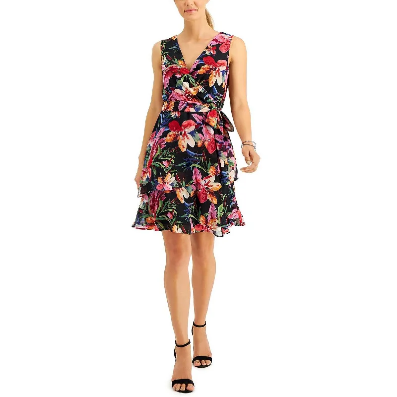 Women's Vacation Clothes Connected Apparel Womens Petites Floral Print Above Knee Fit & Flare Dress