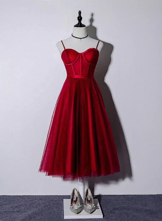 Stylish Women's Outfit Beautiful Dark Red Tea Length Straps Wedding Party Dress, Homecoming Dress gh296