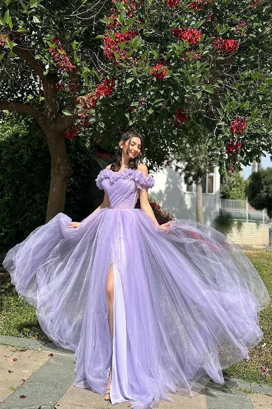 Women's Casual Wear Outfit Off Shoulder Lilac Bridal Gowns, A-line Tulle Popular Newest Long Prom Dresses, Appliques Wedding Dresses