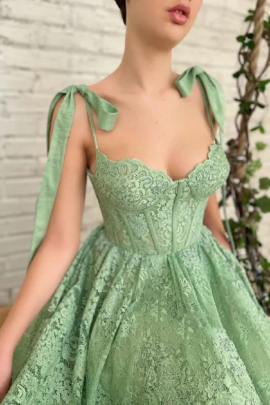 Women's Office Clothing Sage Green Tea Length Lace Corset Wedding Guest Dress Prom Dress gh1821