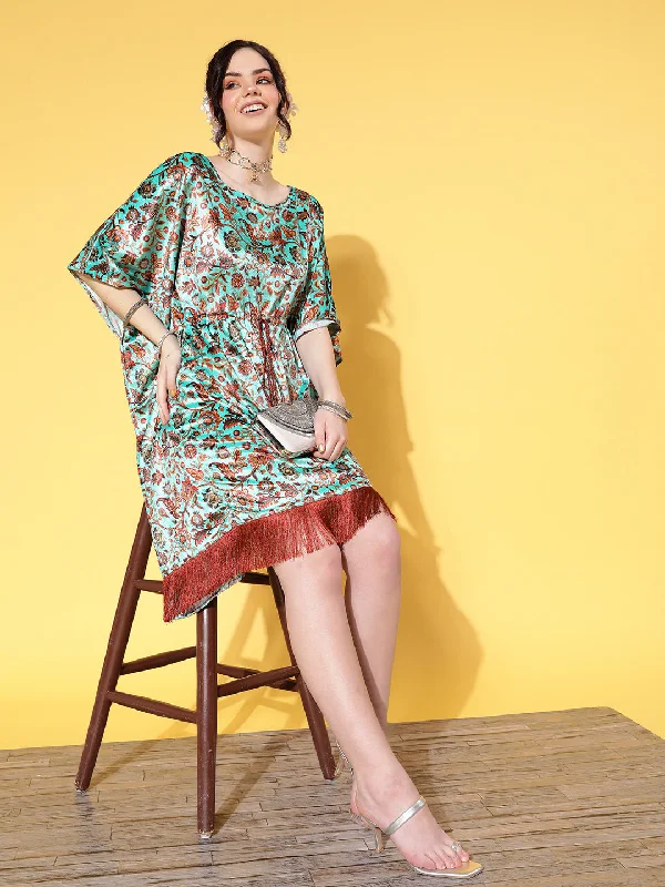 Sustainable Women's Clothing Women Sea Green Floral Velvet High Low Kaftan Dress