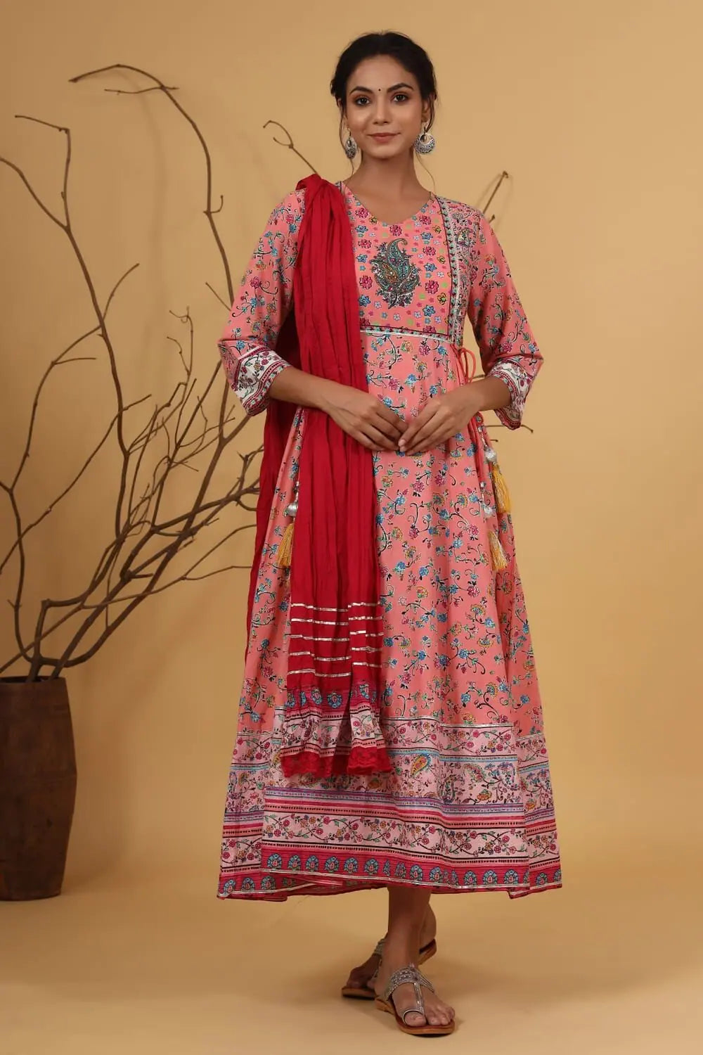 Women's Elegant Clothes Juniper Coral Cambric Floral Print Anarkali Dress & Dupatta Set with Rubber-Band