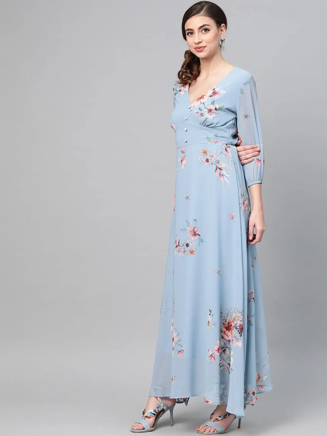 Women's Contemporary Clothing Pale Blue Floral Flared Maxi Dress