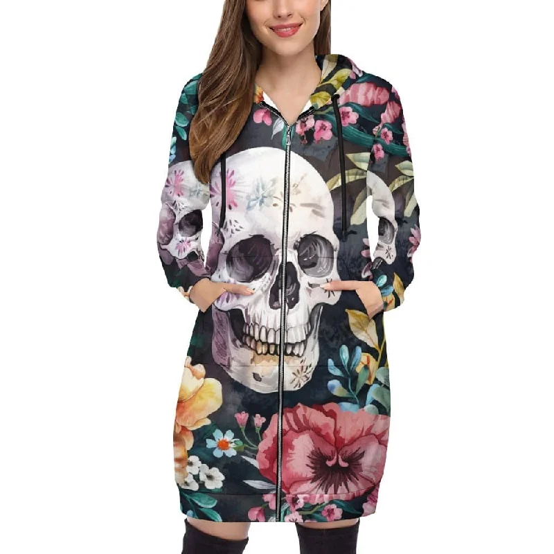 Women's Wedding Apparel Women's Hooded Sweatshirt Dress! Featuring A Skull Floral design And Long Sleeves