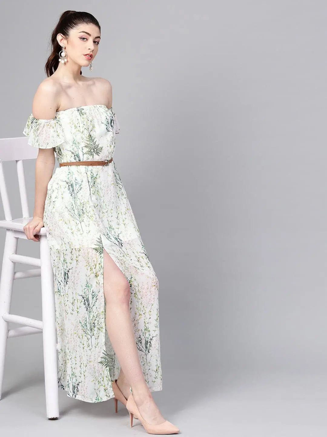 Women's Office Clothing Off-White Floral Off Shoulder Belted Maxi