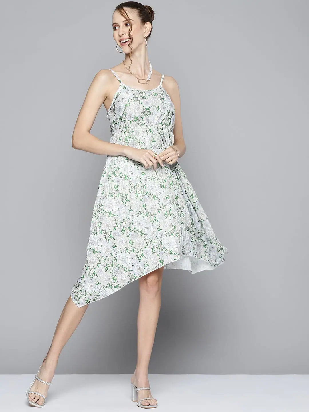 Women's Holiday Attire Women Green Floral Strappy Asymmetric Hem Dress