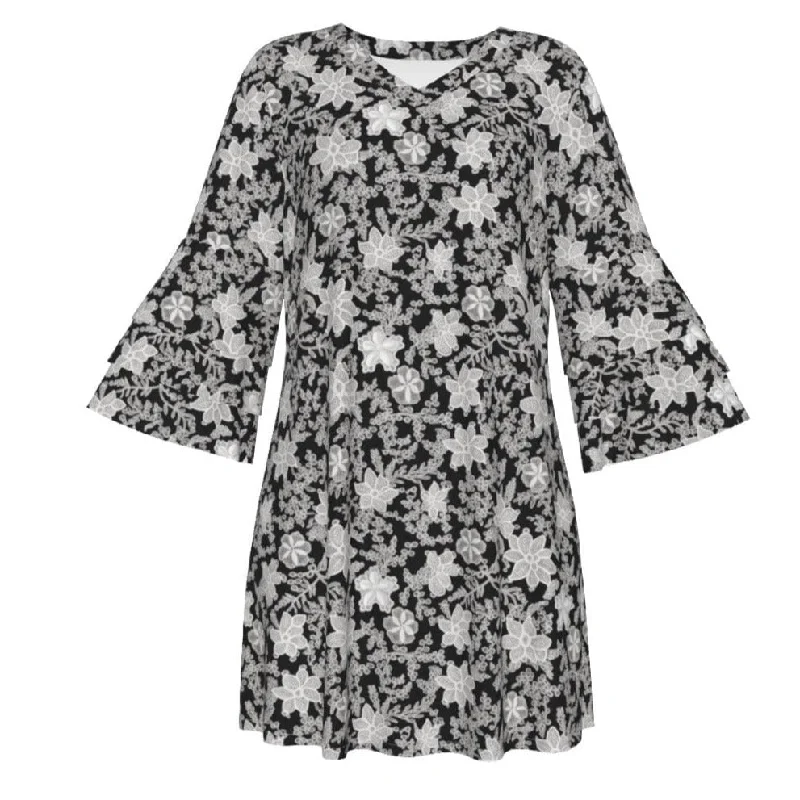 Affordable Women's Clothes Women's Gothic Floral Black Stacked Ruffle Sleeve Dress