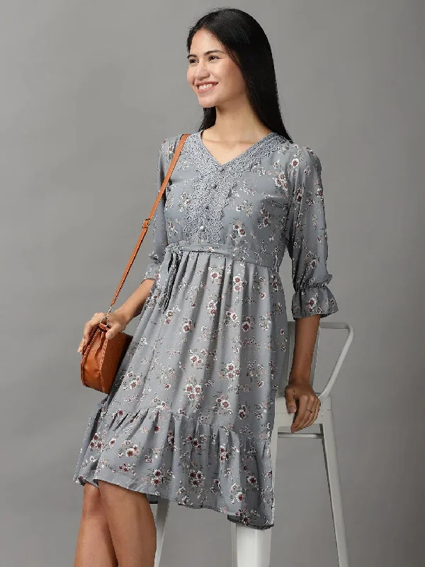 Women's Holiday Attire Women's Grey Floral Fit and Flare Dress-HQ-5-Grey